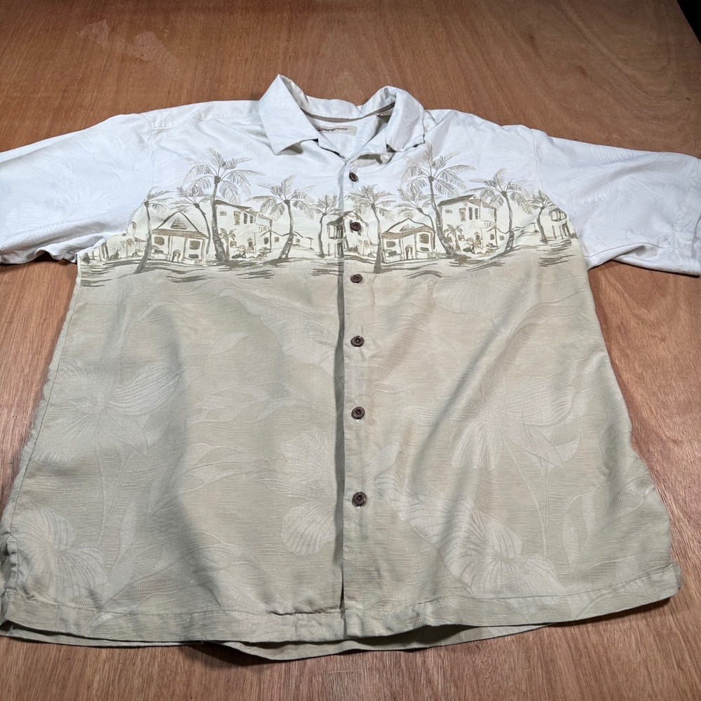 Tommy Bahama Silk Button Up Mens XL Beige Tropical Beach Hut Jacquard Shirt